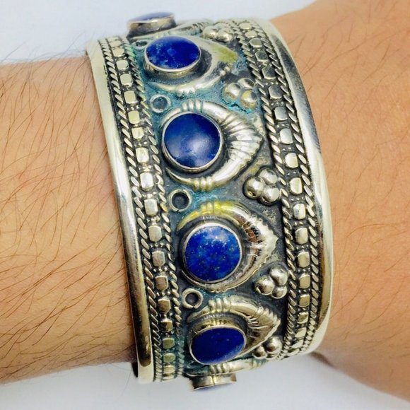 single Afghan Kuchi Cuff Bracelet With Blue Stones, Handmade Cuff, - Picture 1 of 5
